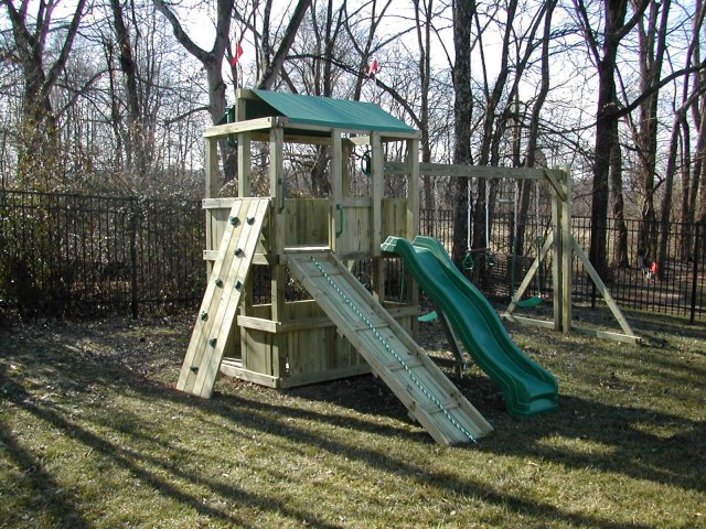 4x6 model as shown $1750.00 including Wooden Ramp with Rope, Green Rock Climbing Wall, Swings, and Periscope