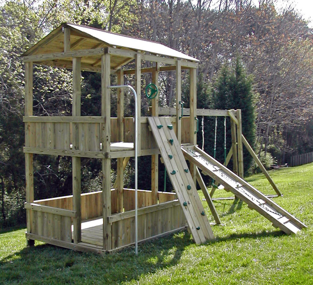 6x8 model as shown  $3100.00including HOP's UPgrade, Green Rock Climbing Wall, Wooden Ramp with Rope, Wooden Roof, and Fireman's Pole
